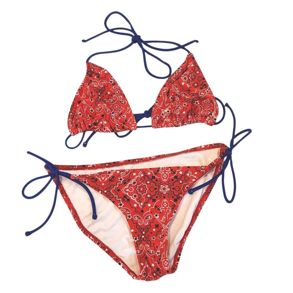 Vintage OP Y2K Bandana Print Triangle Top String Bikini Red White Blue Medium